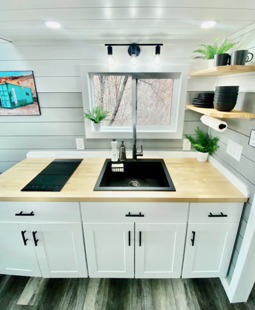 Modern kitchen with a black sink, wooden countertop, and open shelves displaying plants and dishware. Bright and airy design.